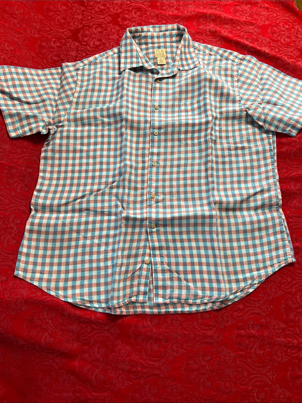 Jos. A. Bank XL 100% Linen Short Sleeve Plaid Button Front Shirt Blue Red Check